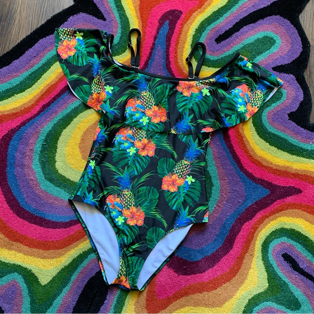 Tropical Fruity Floral One Piece Swimsuit w/ Ruffle